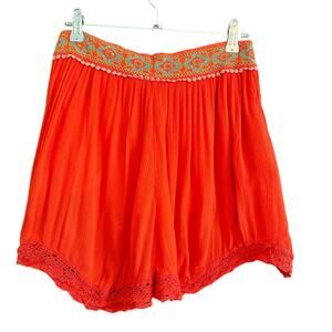 FREE PEOPLE | Red Crinkle Gauze Crochet Lace Trim Shorts Swim cover up | Small